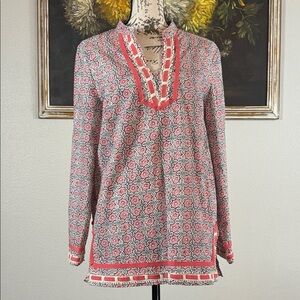 Saint Tropez West Medium Ivory Blue Pink Tunic Cotton Blouse Beach